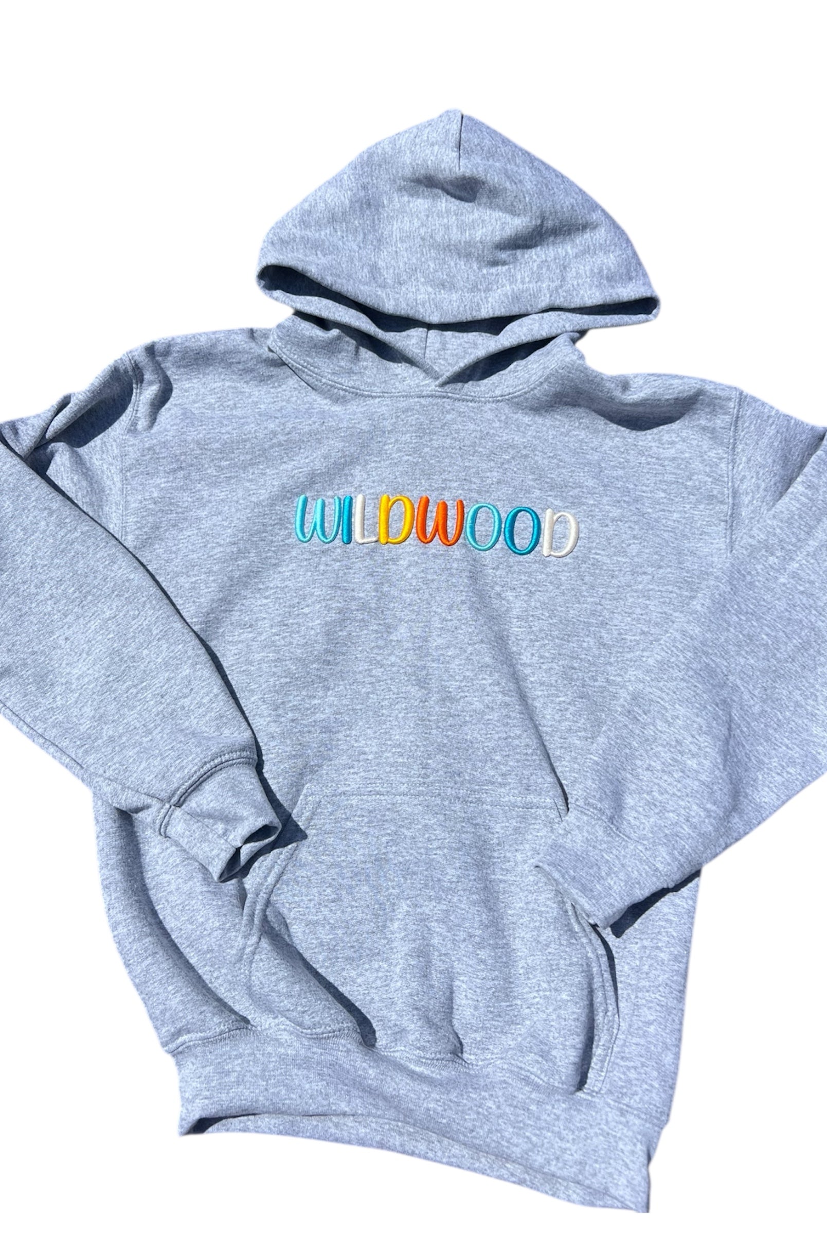 Gray hoodie with 'WILWOOD' text in colorful letters on a white background