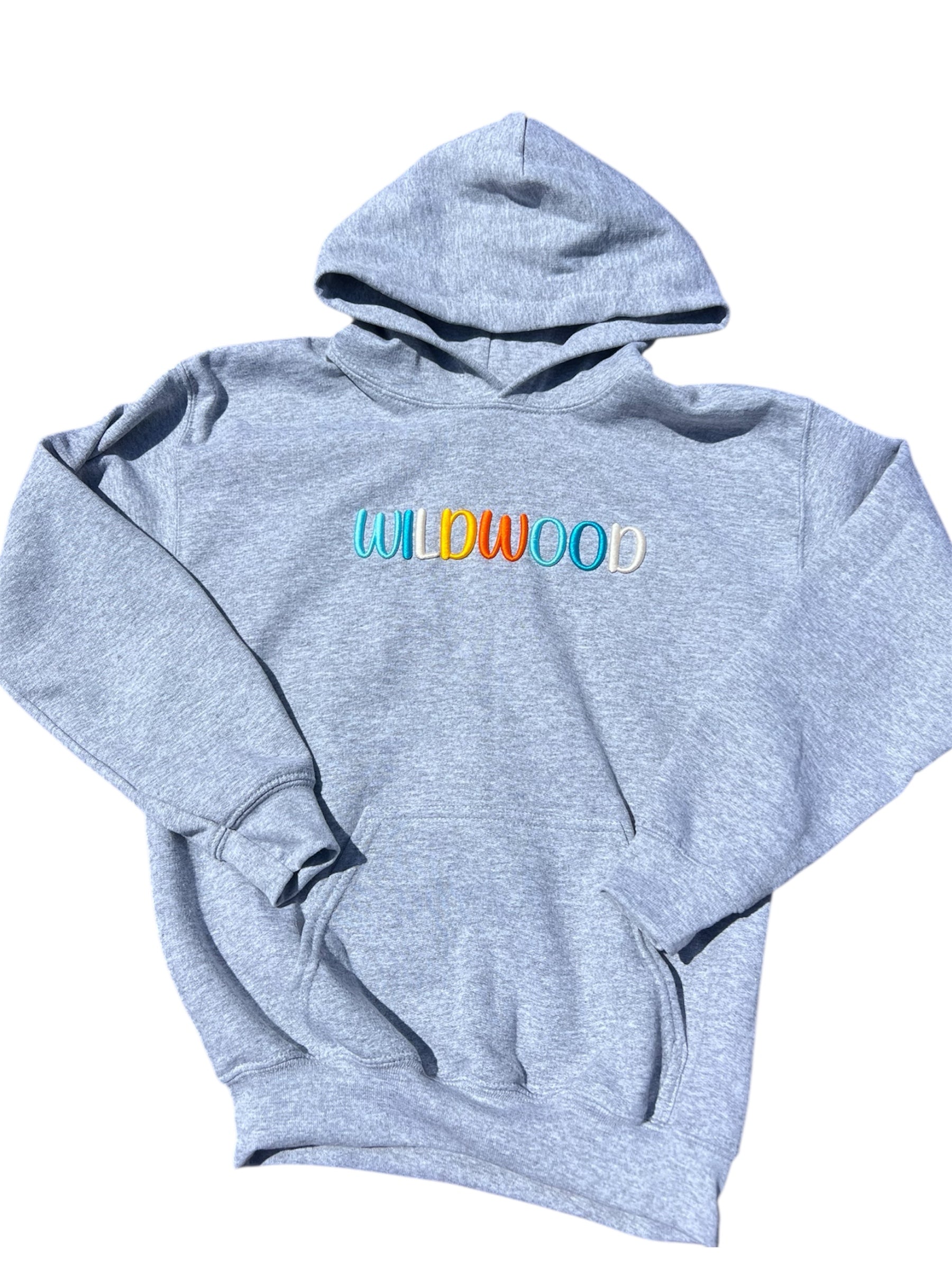 Gray hoodie with 'WILWOOD' text in colorful letters on a white background