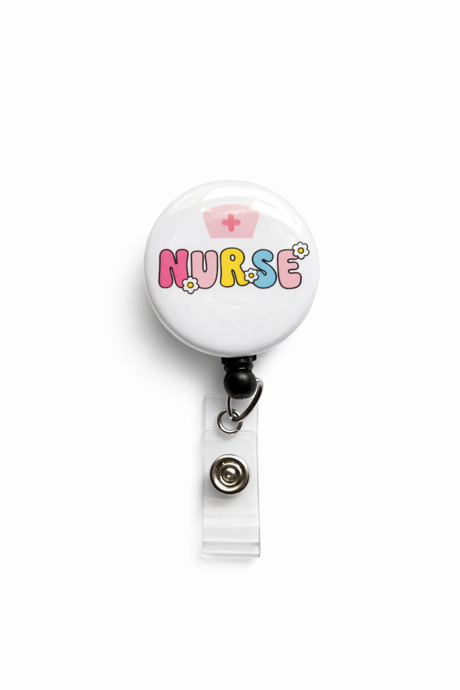 Retractable badge holder with 'NURSE' text on a white background
