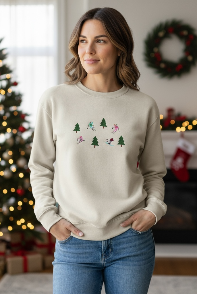 Woman wearing a beige sweater with Christmas tree designs and skiers in a festive room with a decorated tree and wreath.