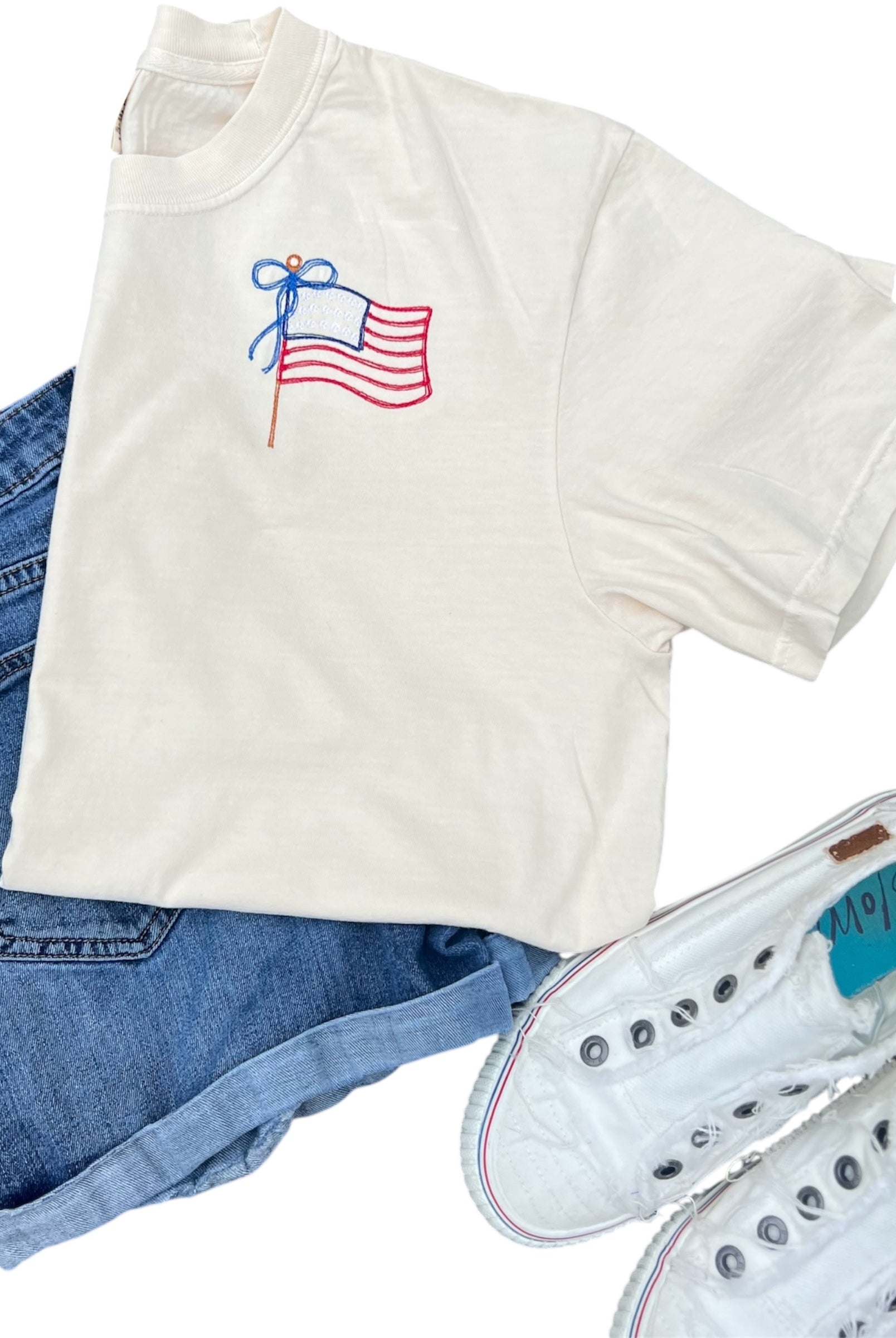 American Flag Coquette Bow Embroidered Shirt – Patriotic & Playful