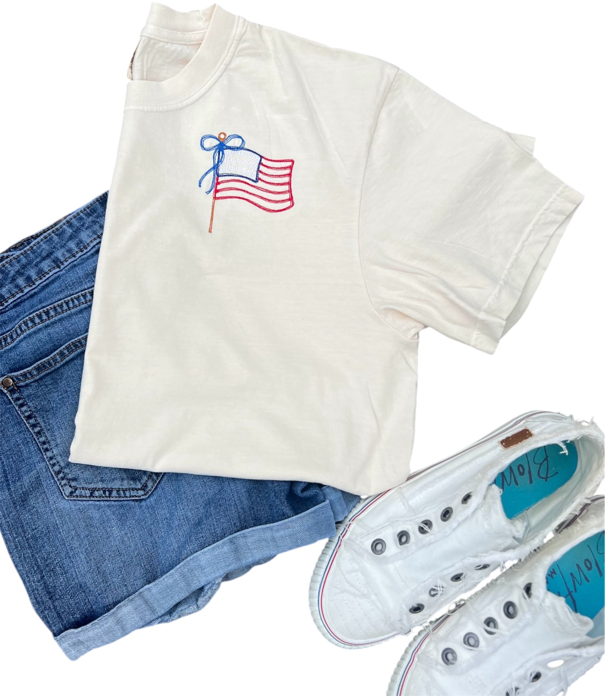 American Flag Coquette Bow Embroidered Shirt – Patriotic & Playful