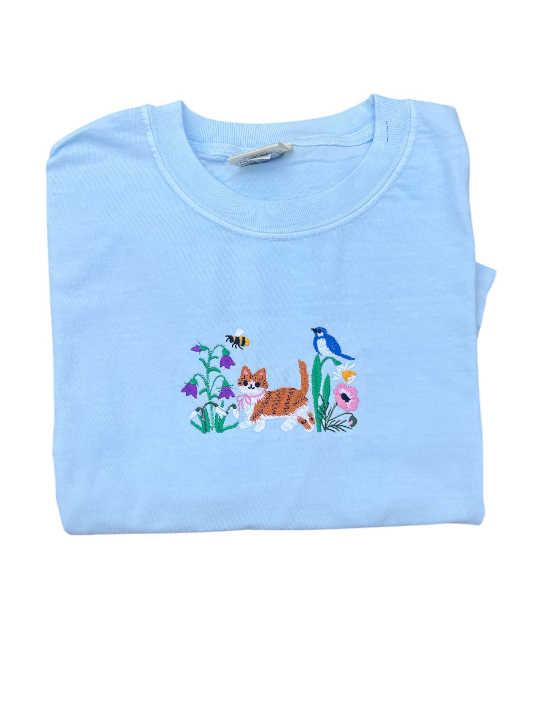 Cat with Flowers Spring Tee shirt Embroidered
