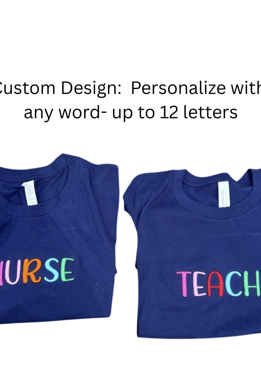 Two blue shirts with 'NURSE' and 'TEACH' text on a white background