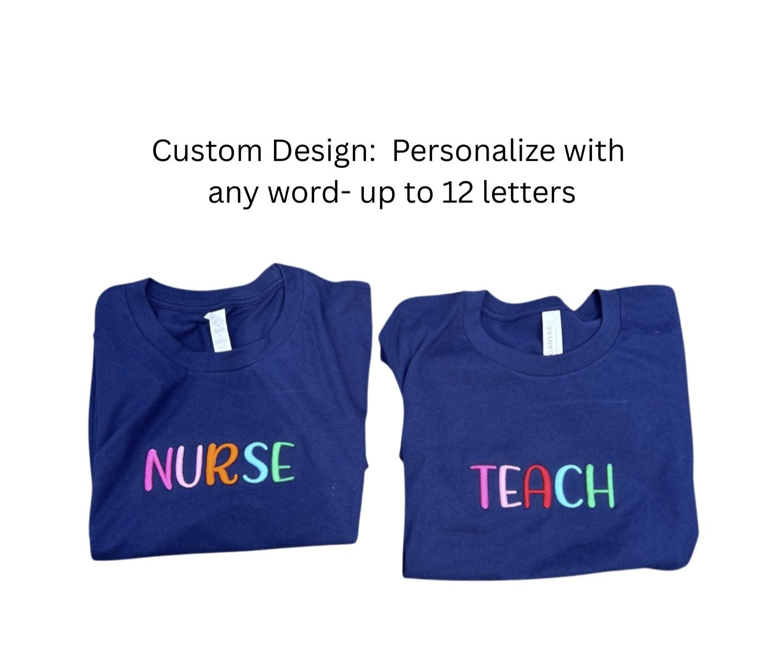 Two blue shirts with 'NURSE' and 'TEACH' text on a white background
