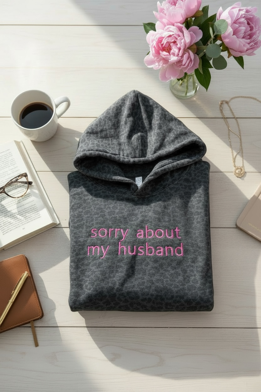 Gray hoodie with 'sorry about my husband' text on a wooden surface with coffee, flowers, and books.