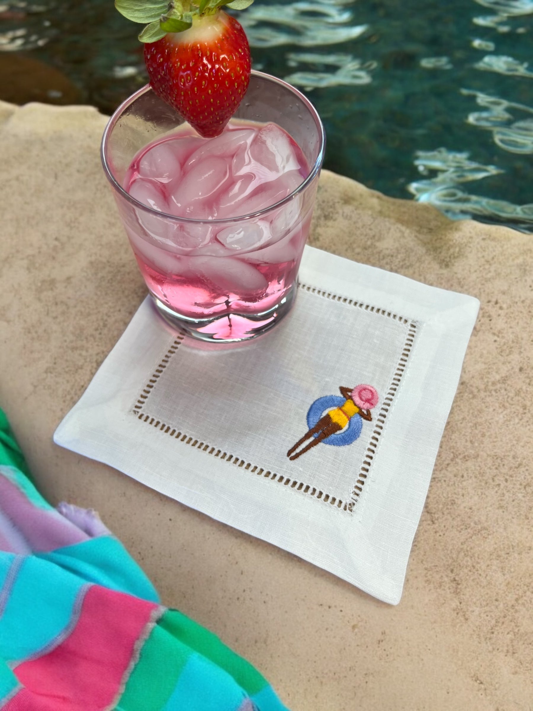 Embroidered Cocktail Napkins Pool Girl Floating