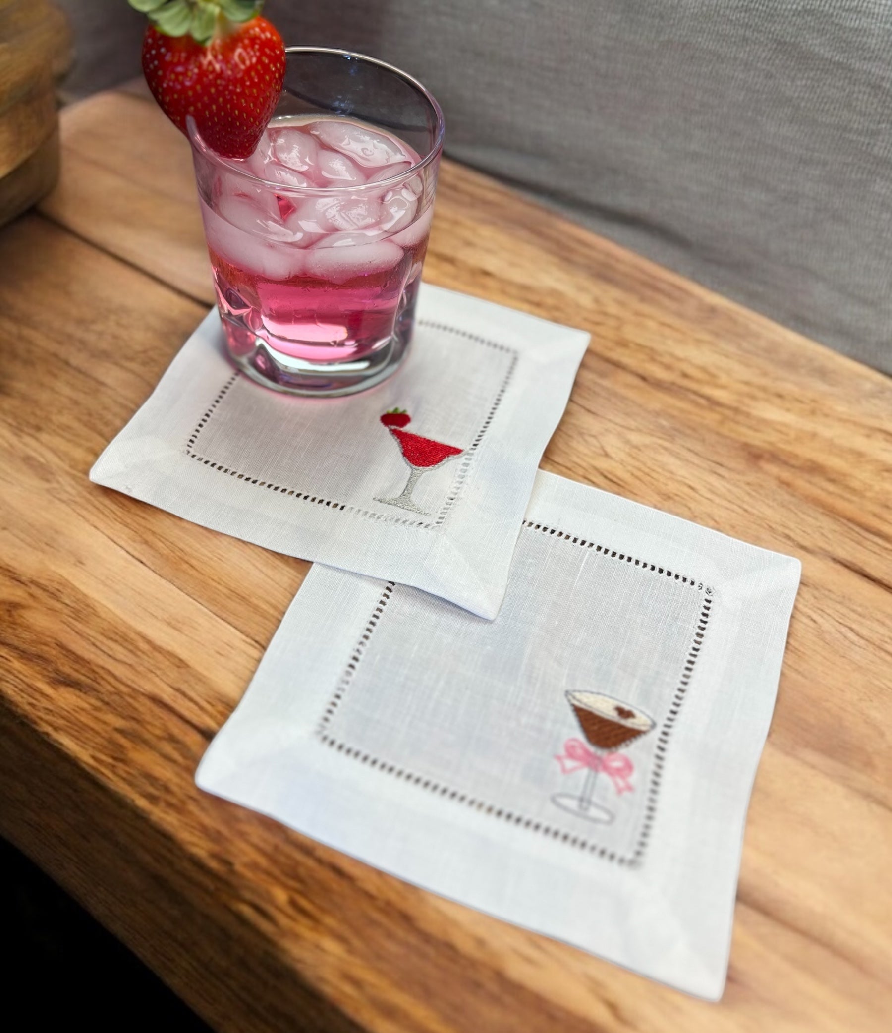 Embroidered Cocktail Napkins Strawberry Daiquri