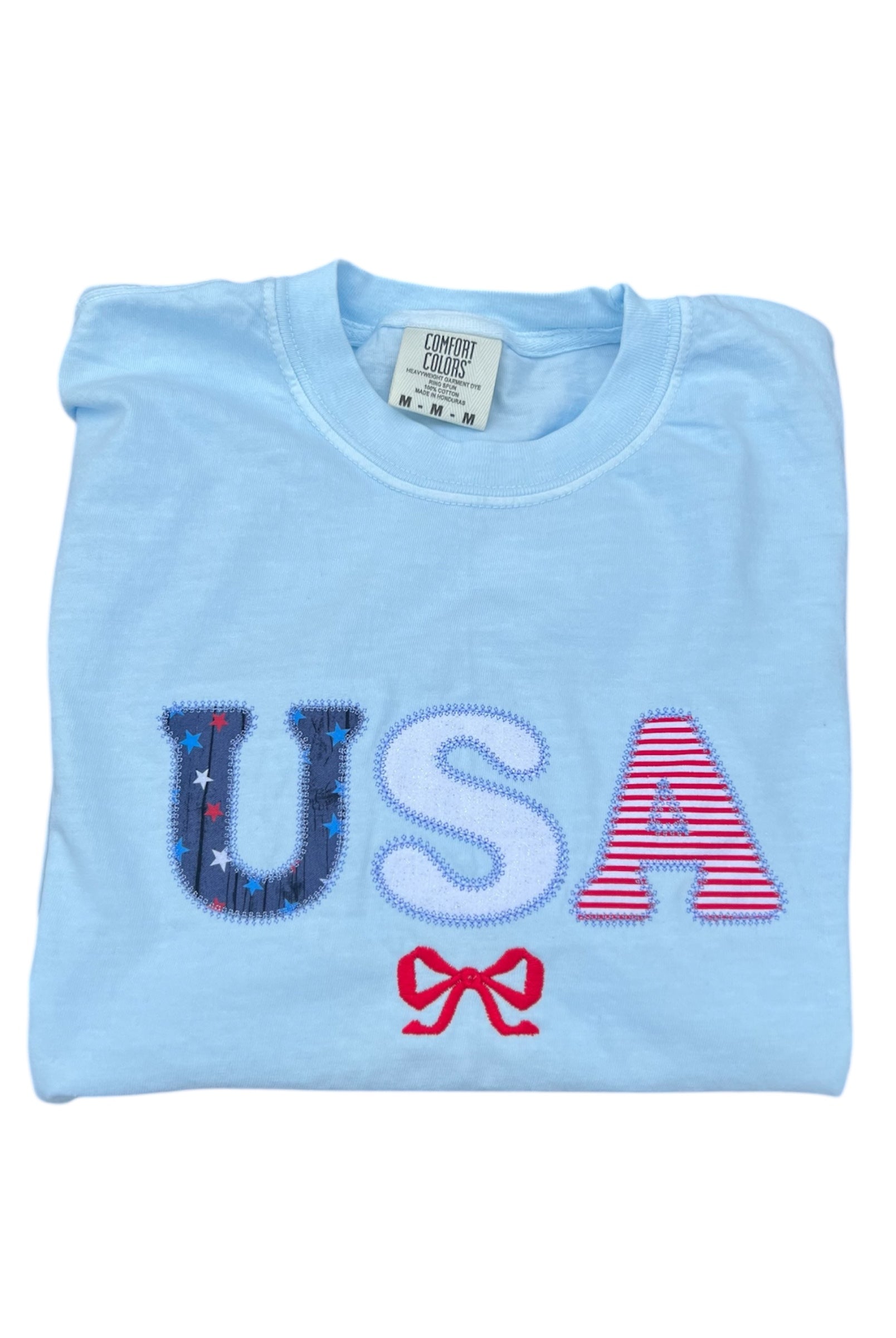 USA Embroidered T-Shirt with Red Bow – Patriotic & Playful
