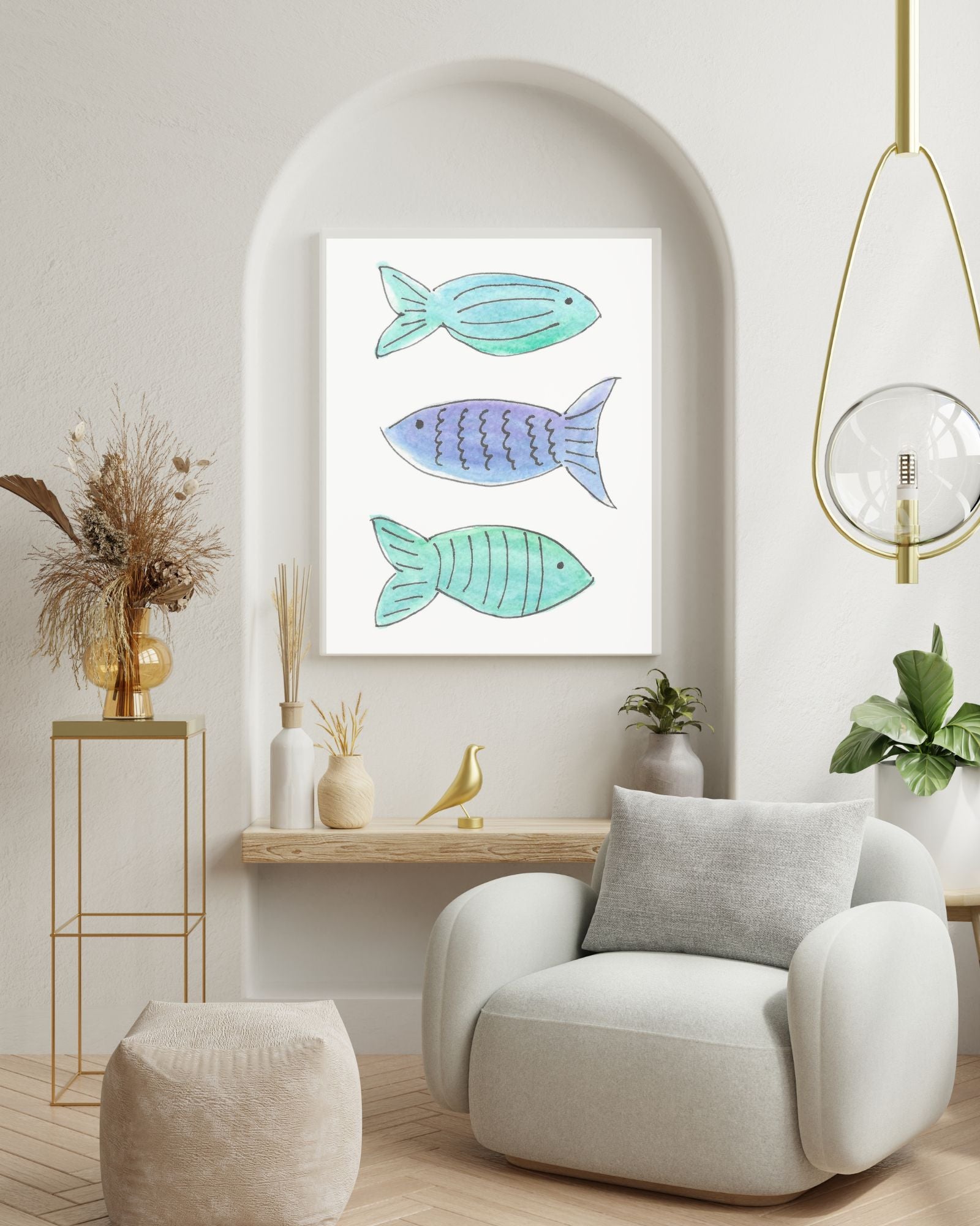 Modern living room with a gray armchair, decorative fish artwork, and plants.
