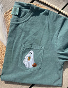 a sage embroidered pocket comfort color t-shirt with ghost and iced offee halloween design