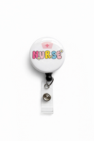 Retractable badge holder with 'NURSE' text on a white background
