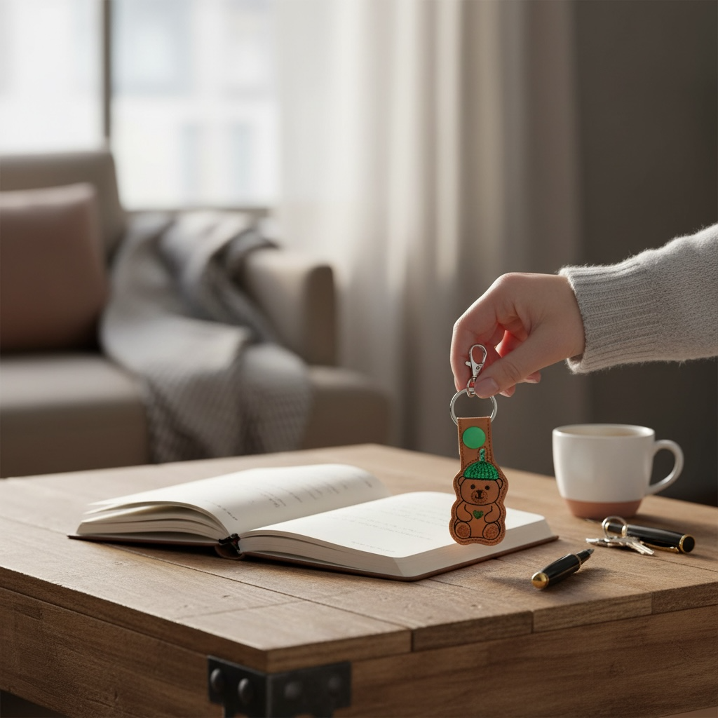 Person holding a bear coffee cup keychain