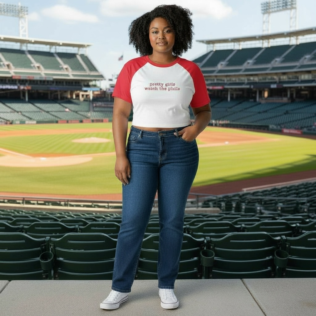 Woman standing in a stadium wearing a red and white shirt and blue jeans.  Shirt embroidered with "pretty girls watch the phils"