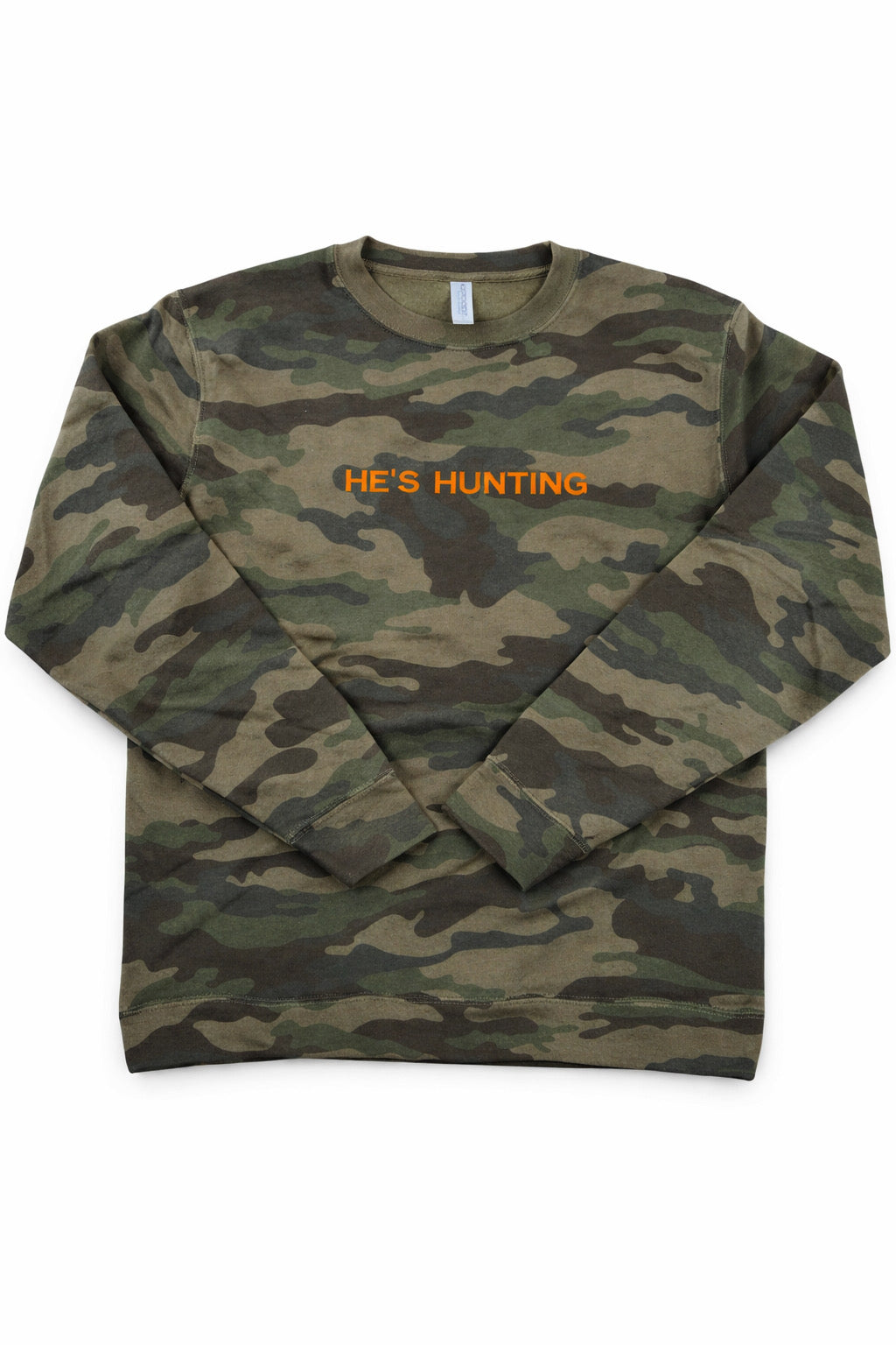 Camouflage long-sleeve shirt with 'HE'S HUNTING' text on a white background