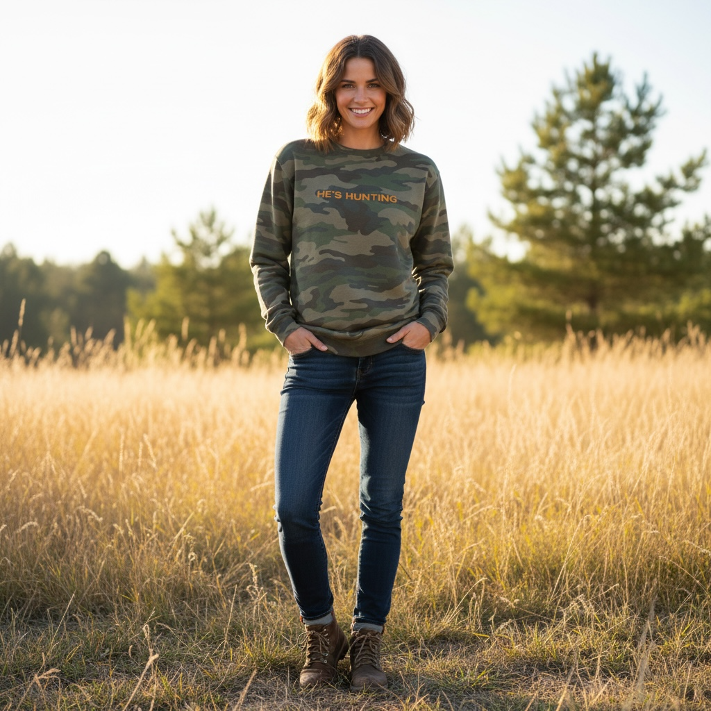 Woman wearing a camouflage sweatshirt with 'HE'S HUNTING' text in a field.