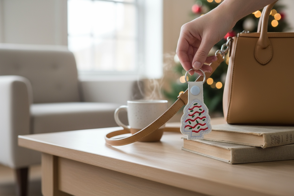 Hand holding a decorative white tree with green sprinkles keychains over a coffee table with books and a cup.
