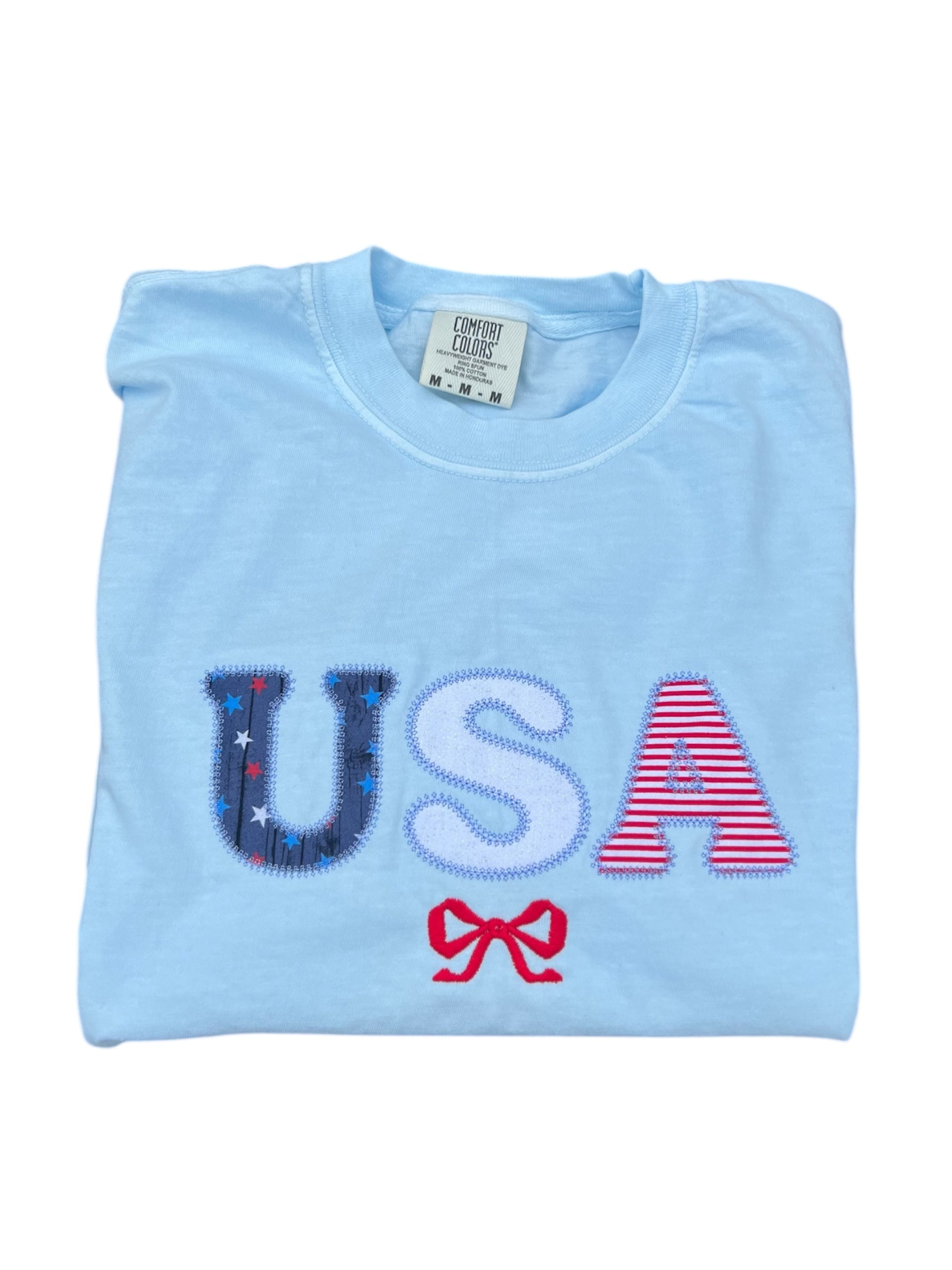 USA Embroidered T-Shirt with Red Bow – Patriotic & Playful