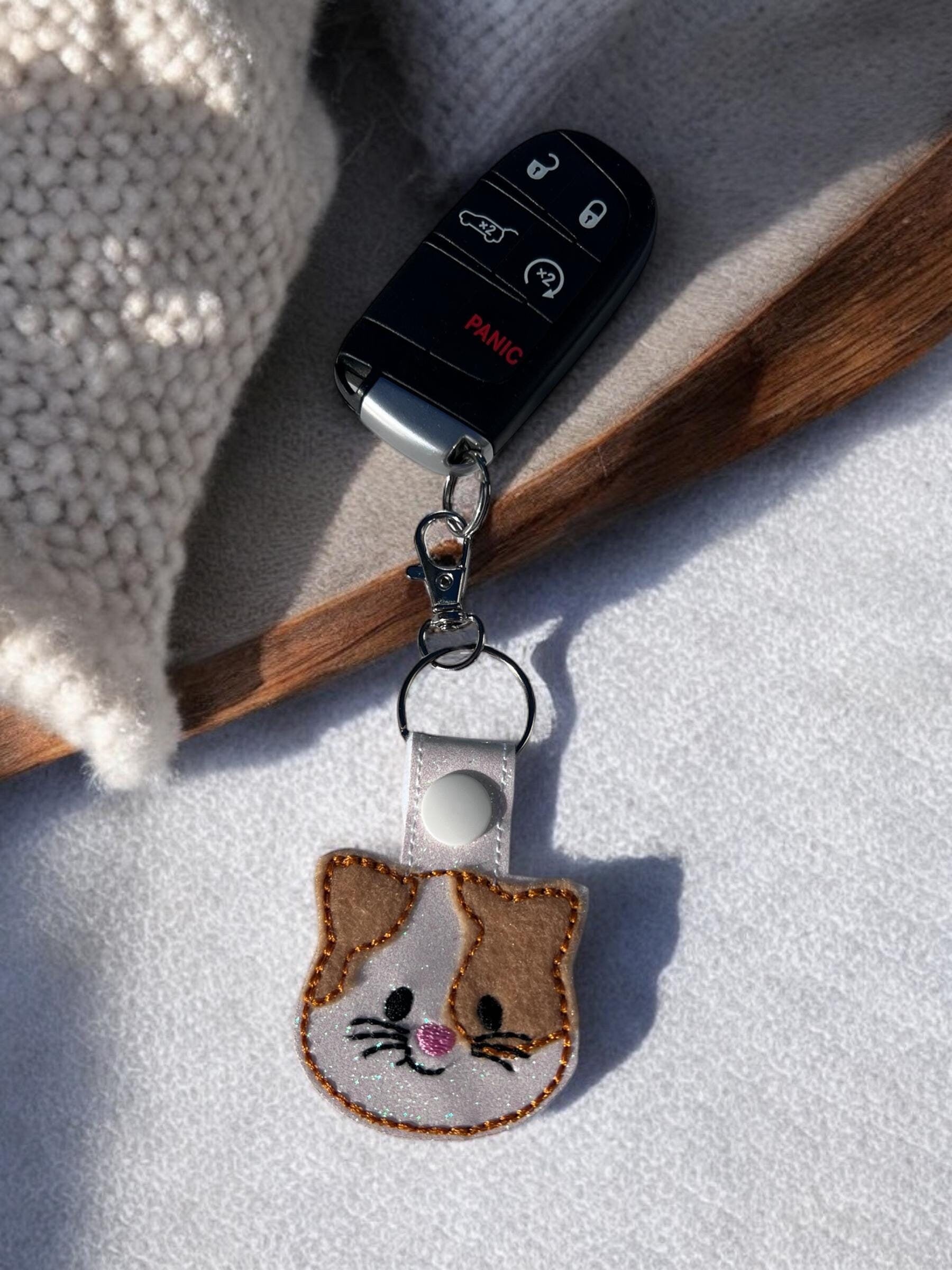 embroidered cat keychain with glitter
