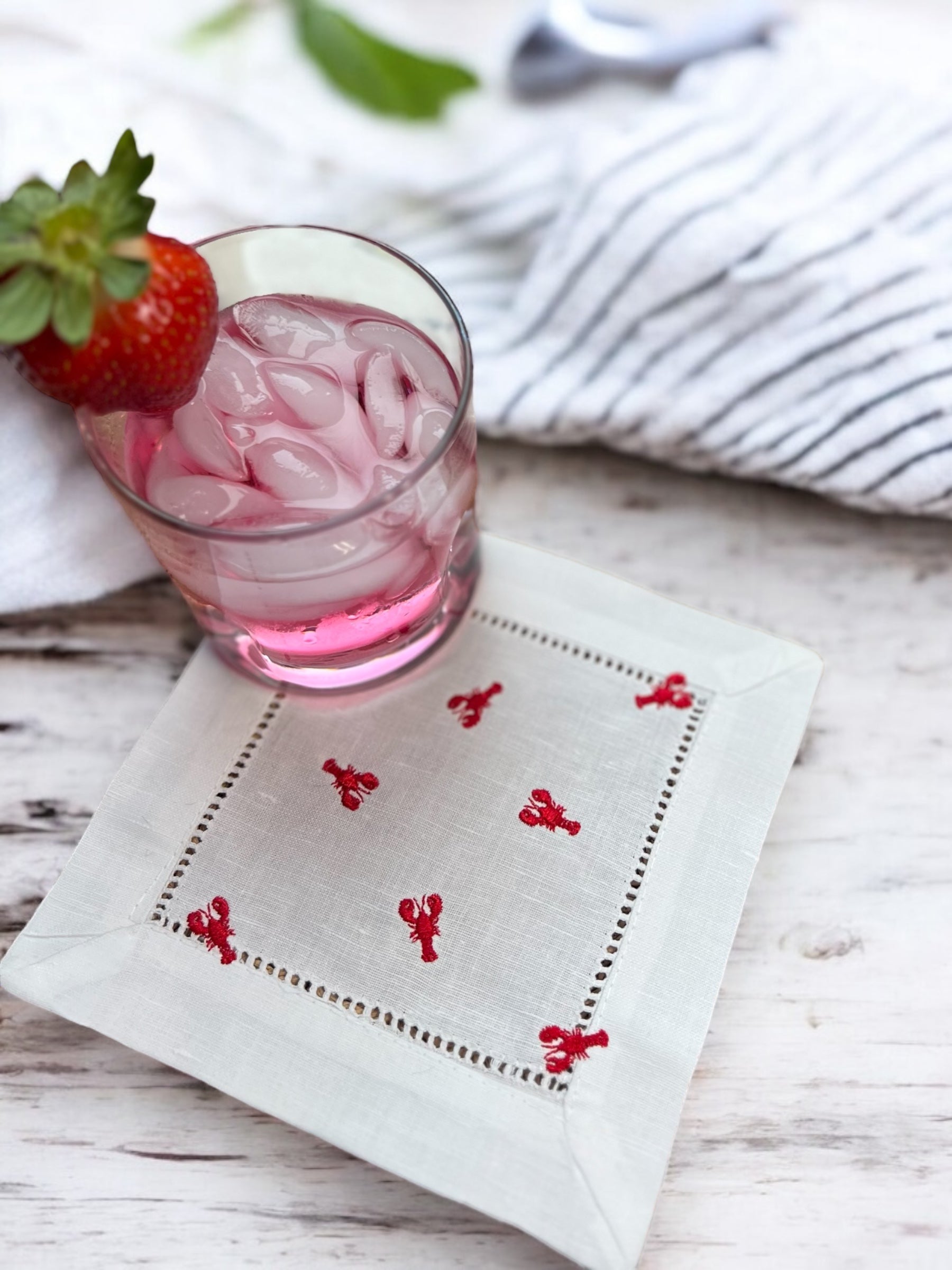 embroidered cocktail napkin with lobsters
