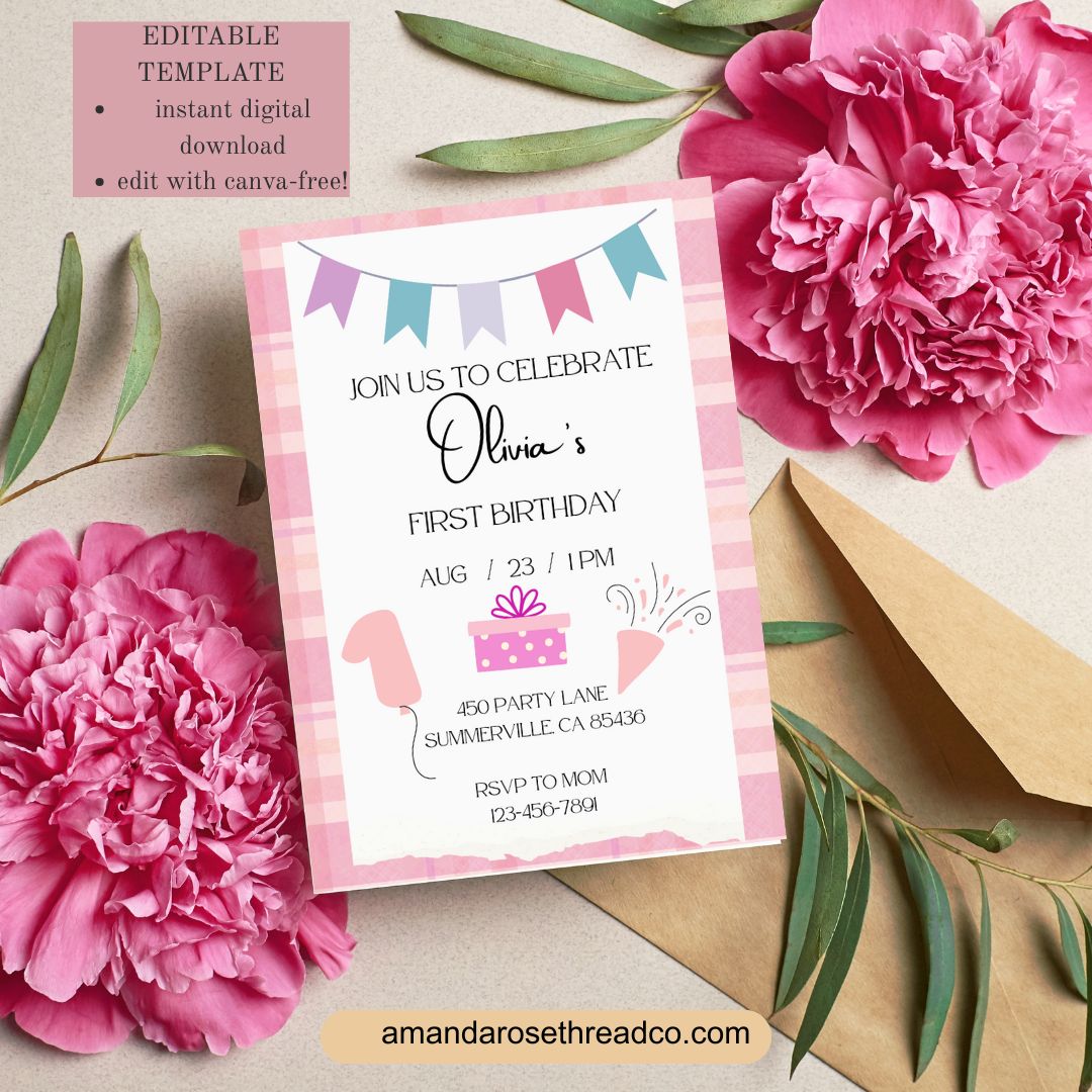 Birthday invitation card with pink flowers and decorative elements on a light background