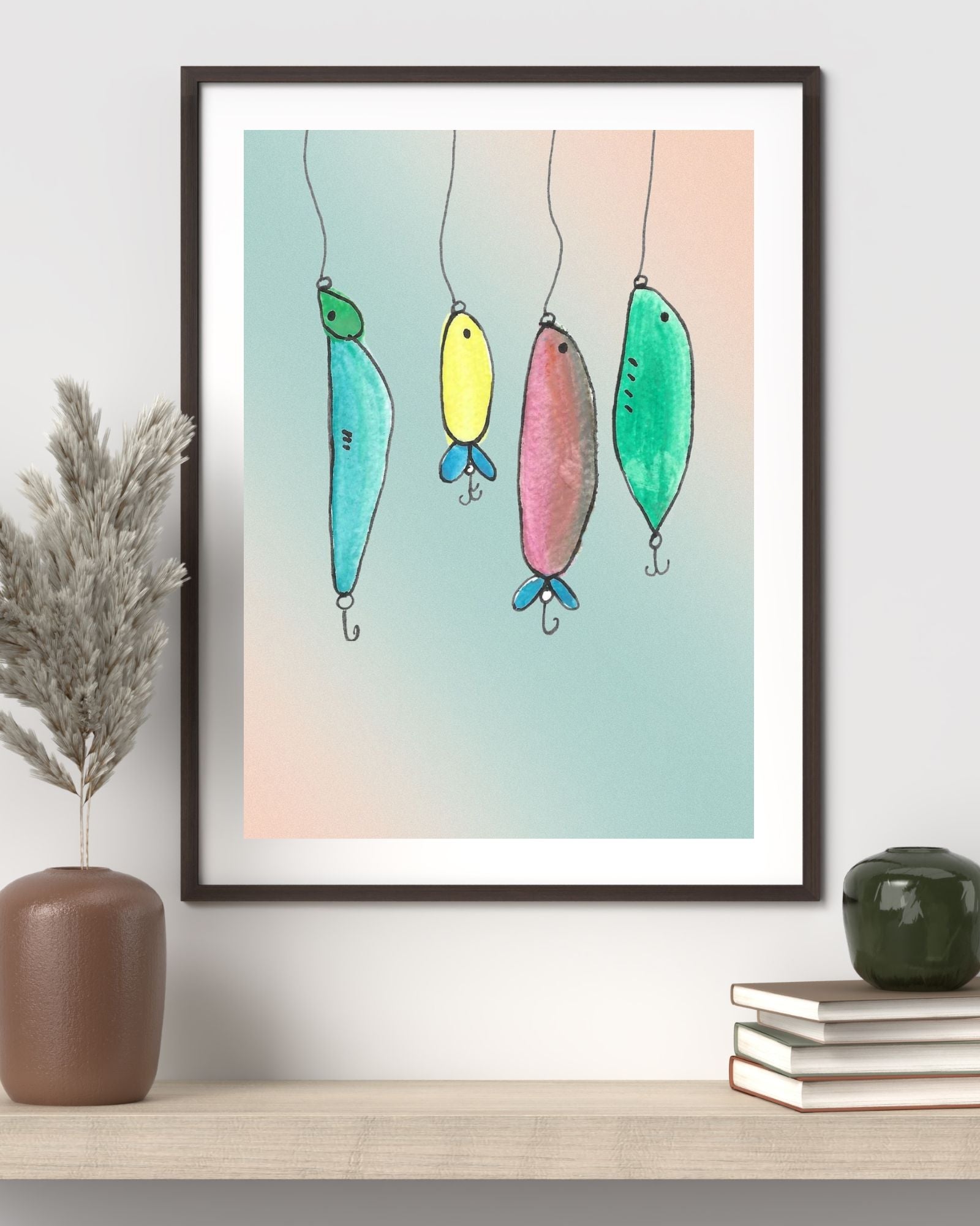 Framed artwork of colorful fishing lures on a wall above a shelf with decorative items.