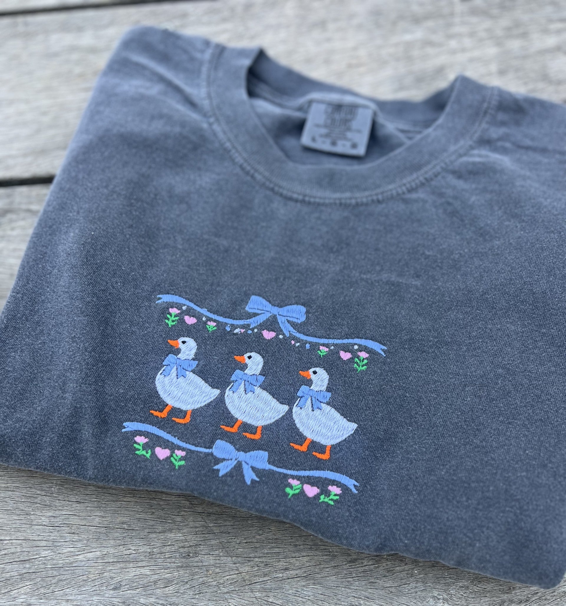 embroidered charcoal grey tshirt iwht geese and bows, cottagecore